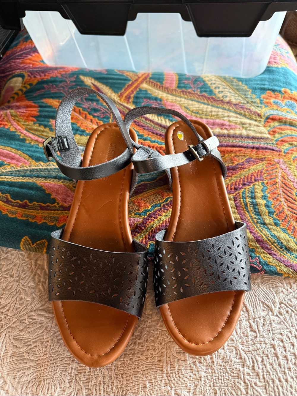 Women's Black Laser-Cut Ankle-Strap Sandals with Tan Footbed